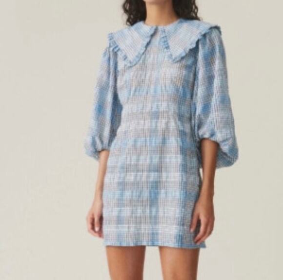 Ganni Dresses & Skirts - GANNI Blue Seersucker Checkered Collared Mini Dress Size EU 36 / US 4